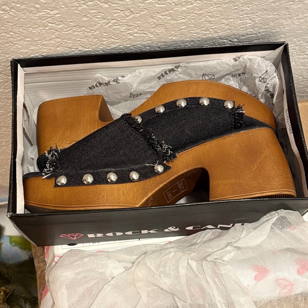 Rock & Candy Black Denim Mules with Wooden Heel - Picture 4 of 14